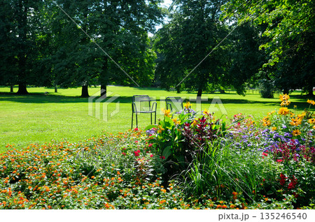 Beautiful summer park with vibrant flower beds and empty metal chairs. Beautiful summer park with vibrant flower beds and empty metal chairs. 135246540