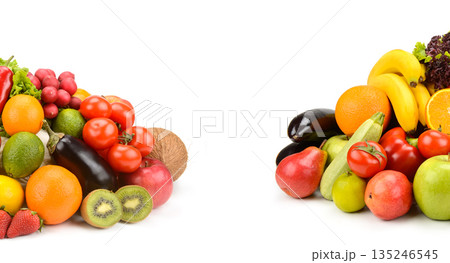Large assortment of fresh fruits and vegetables with central copy space. Large assortment of fresh fruits and vegetables with central copy space. 135246545