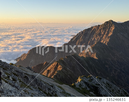 朝焼けに染まる山稜と雲海の絶景  135246631