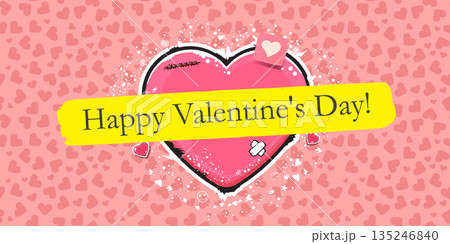 Happy Valentines day cartoon greeting card with grunge retro vintage heart and ribbon. Valentines day wide banner, apparel, sticker design template , vector illustration Happy Valentines day cartoon greeting card with grunge retro vintage heart and ribbon. Valentines day wide banner, apparel, sticker design template , vector illustration 135246840