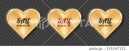 A set of three golden hearts with the inscription sale. A set of three golden hearts with the inscription sale. 135247151