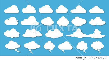 A set of silhouettes of clouds and speech bubbles with a white shadow of various shapes and sizes on a blue background. 135247175