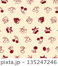 Seamless repeating pattern featuring cherries berries leaves and small fruits in a warm vintage color palette. Perfect for fabric prints wallpaper gift wrap branding stationery and classic surface 135247246