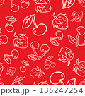 Eye catching seamless repeat pattern with hand drawn cherry line art on a bold red background. Ideal for statement fabrics wallpaper packaging fashion prints and vibrant surface design collections. 135247254