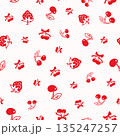 Playful seamless repeat pattern with hand drawn cherries berries and small fruit doodles on a white background. Ideal for fabric wrapping paper stationery packaging wallpaper and digital surface 135247257