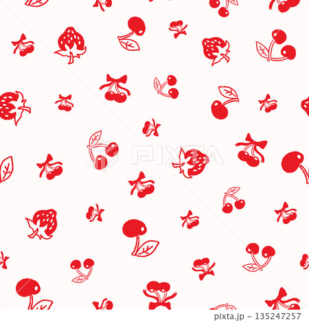 Playful seamless repeat pattern with hand drawn cherries berries and small fruit doodles on a white background. Ideal for fabric wrapping paper stationery packaging wallpaper and digital surface 135247257