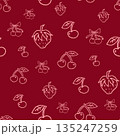 Moody seamless cherry pattern with hand drawn fruit and leaves on a deep red background. Ideal for elegant fabrics wallpaper seasonal packaging fashion prints and rich surface design themes. 135247259