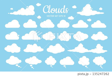 A set of silhouettes of clouds and white speech bubbles of various shapes and sizes on a blue background. 135247262