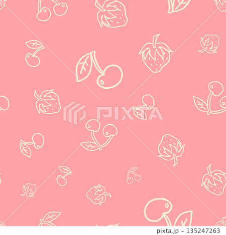 Delicate seamless cherry pattern in soft blush pink tones with light line illustrations. Perfect for romantic stationery fabric wallpaper gift wrap and gentle surface design applications. 135247263