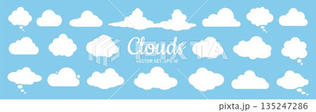 A set of flat clouds in cartoon style. Vector of white clouds of different shapes and sizes on a blue background. A set of flat clouds in cartoon style. Vector of white clouds of different shapes and sizes on a blue background. 135247286