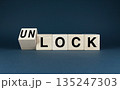Wooden blocks spelling Lock or Unlock. 135247303