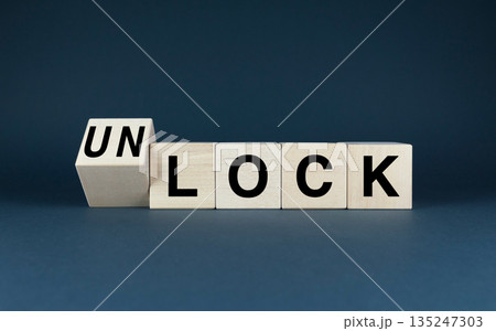 Wooden blocks spelling Lock or Unlock. Wooden blocks spelling Lock or Unlock. 135247303