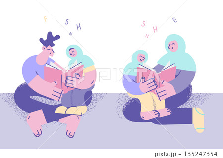 Happy muslim family with children read books Happy muslim family with children read books 135247354