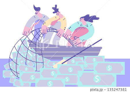 Businesspeople in boat fish for money with net 135247381