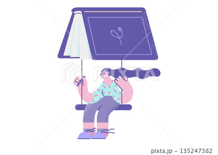 Happy girl reader fry on book as parachute 135247382