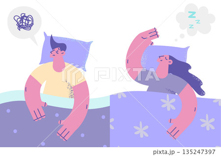 Man and woman in bed have good and bad sleep 135247397