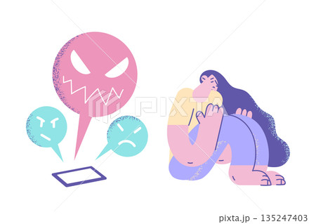 Unhappy woman stressed with cyberbullying on phone 135247403