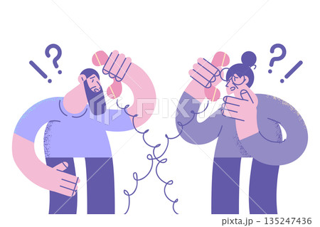 Old man and woman have connection problems talking on phone Old man and woman have connection problems talking on phone 135247436