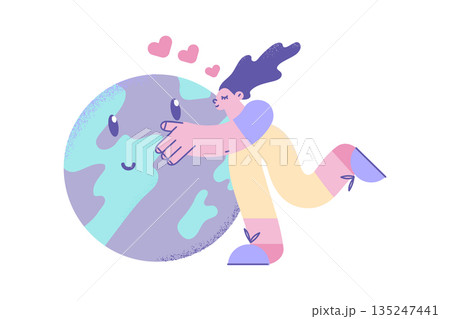 Woman hug kiss planet earth take care of environment Woman hug kiss planet earth take care of environment 135247441