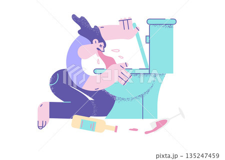 Unhealthy woman suffer from hangover vomit into toilet 135247459
