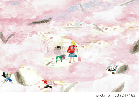 手描き水彩イラスト　満開の桜の下を歩く小学生 135247463