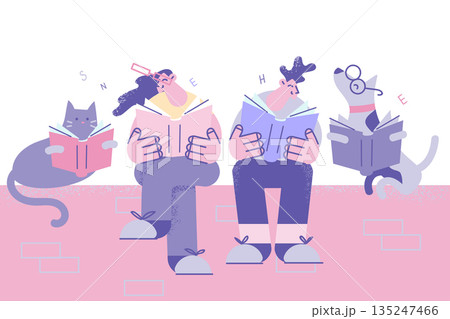 Happy couple with pets enjoy reading books Happy couple with pets enjoy reading books 135247466