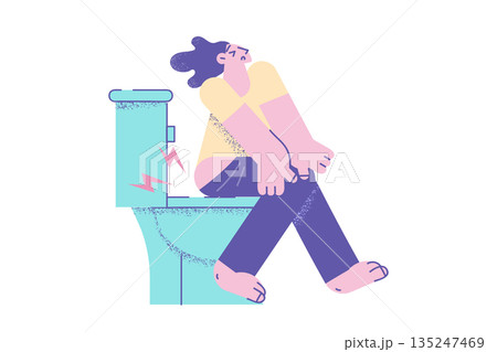 Unhealthy woman sit on toilet struggle with constipation 135247469