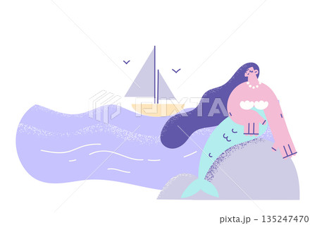 Happy beautiful mermaid sit on stone in sea Happy beautiful mermaid sit on stone in sea 135247470