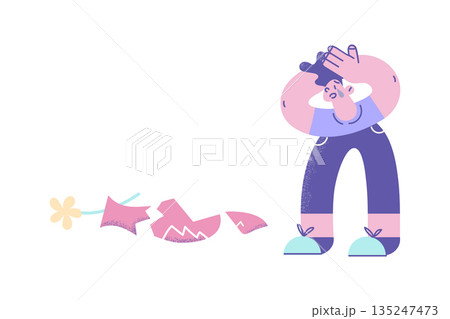 Upset girl cry breaking vase with flowers Upset girl cry breaking vase with flowers 135247473