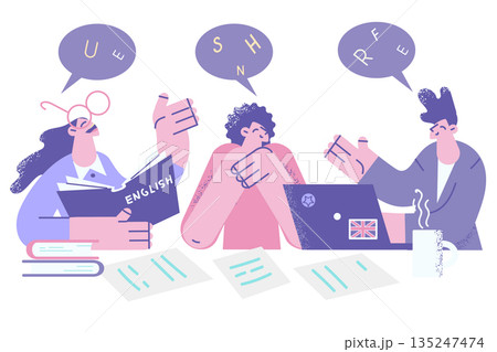 Happy diverse people study together using laptop 135247474