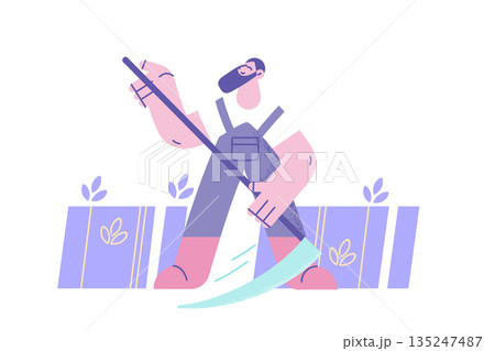 Man reaper cut harvest in field with scythe Man reaper cut harvest in field with scythe 135247487
