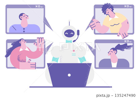 Robot assistant talk on webcam call with people Robot assistant talk on webcam call with people 135247490