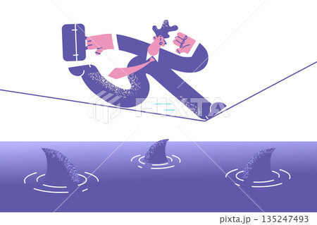 Scared man run on thin rope above sharks Scared man run on thin rope above sharks 135247493