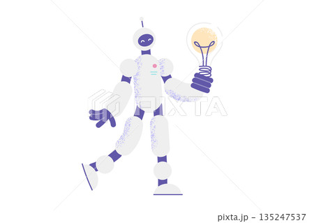 Robot hold lightbulb develop innovative idea 135247537