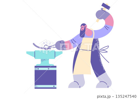 Strong blacksmith work forge iron metal on anvil Strong blacksmith work forge iron metal on anvil 135247540