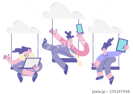 Diverse employees work on gadgets with cloud computing Diverse employees work on gadgets with cloud computing 135247548