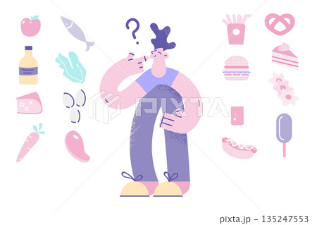 Pensive man decide among healthy and unhealthy food Pensive man decide among healthy and unhealthy food 135247553