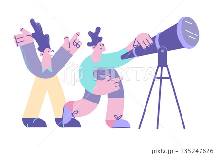 Smiling friends look in telescope seeing stars Smiling friends look in telescope seeing stars 135247626