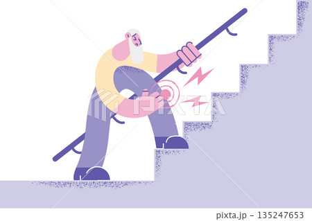 Unhealthy older man walk upstairs suffer from knee pain 135247653