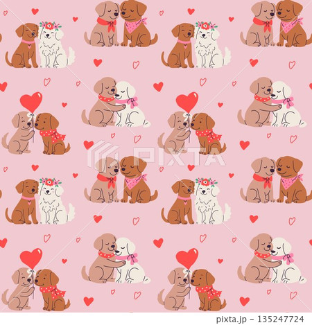 Cute Valentines Day Dog Pattern with Hearts and Puppies 135247724