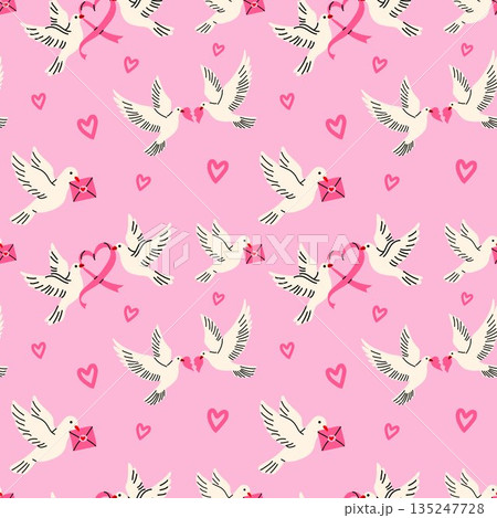 Love Birds Carrying Love Letters and Heart Ribbons in a Romantic Pattern 135247728
