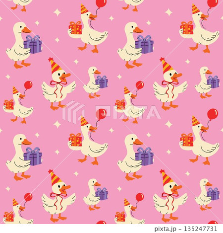 Cute Birthday Ducks with Presents and Balloons on Pink Background Cute Birthday Ducks with Presents and Balloons on Pink Background 135247731