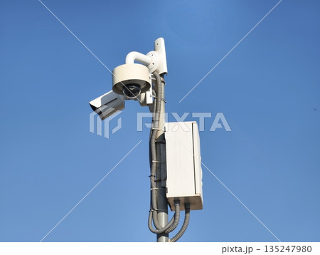 dual surveillance cameras on street pole for retail security dual surveillance cameras on street pole for retail security 135247980