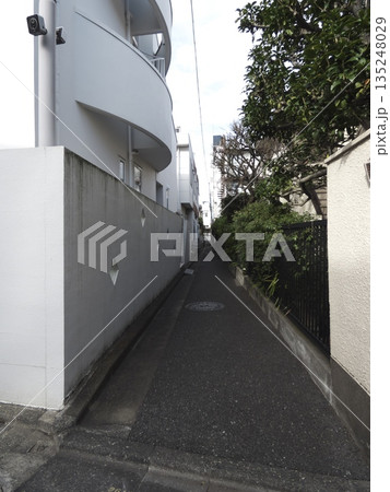 白いモダンな建築と緑が調和する静かな路地。都会の隙間に広がる落ち着いた日常の風景。 135248029
