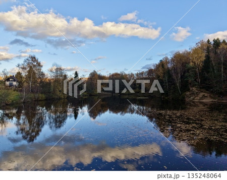 reflective lake with clouds and trees, tranquil water reflecting sky and surrounding nature 135248064
