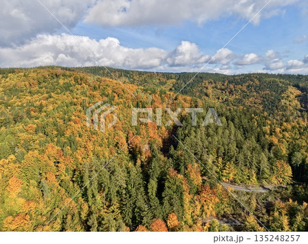 Vibrant Mountain Scene, Hiker Exploring Rugged Forest Terrain, Clouds Drift Over Steep Ridges With Sunlight Vibrant Mountain Scene, Hiker Exploring Rugged Forest Terrain, Clouds Drift Over Steep Ridges With Sunlight 135248257