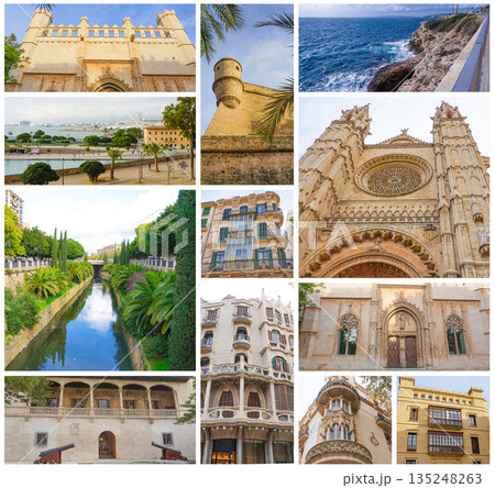 The collage from views of Palma de Mallorca at Spain. 135248263