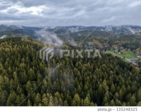 Calm Drone Photograph Showcasing Fogenshrouded Evergreen Forest Overlooking Hills And Rural Settlements Calm Drone Photograph Showcasing Fogenshrouded Evergreen Forest Overlooking Hills And Rural Settlements 135248325