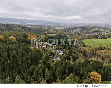 Quiet Rural Community Surrounded By Nature, Hillside Settlement With Colorful Trees And Peaceful Atmosphere 135248337