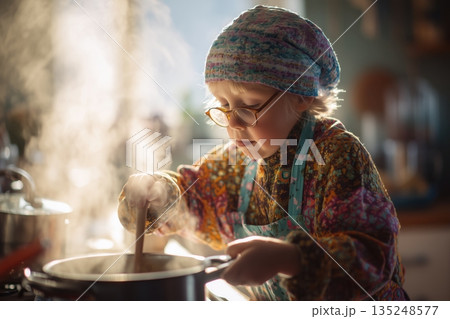 Child Chef Cooking in Rustic Kitchen Warm Sunlight Steaming Pot Food Preparation Toddler Home Cooking 135248577